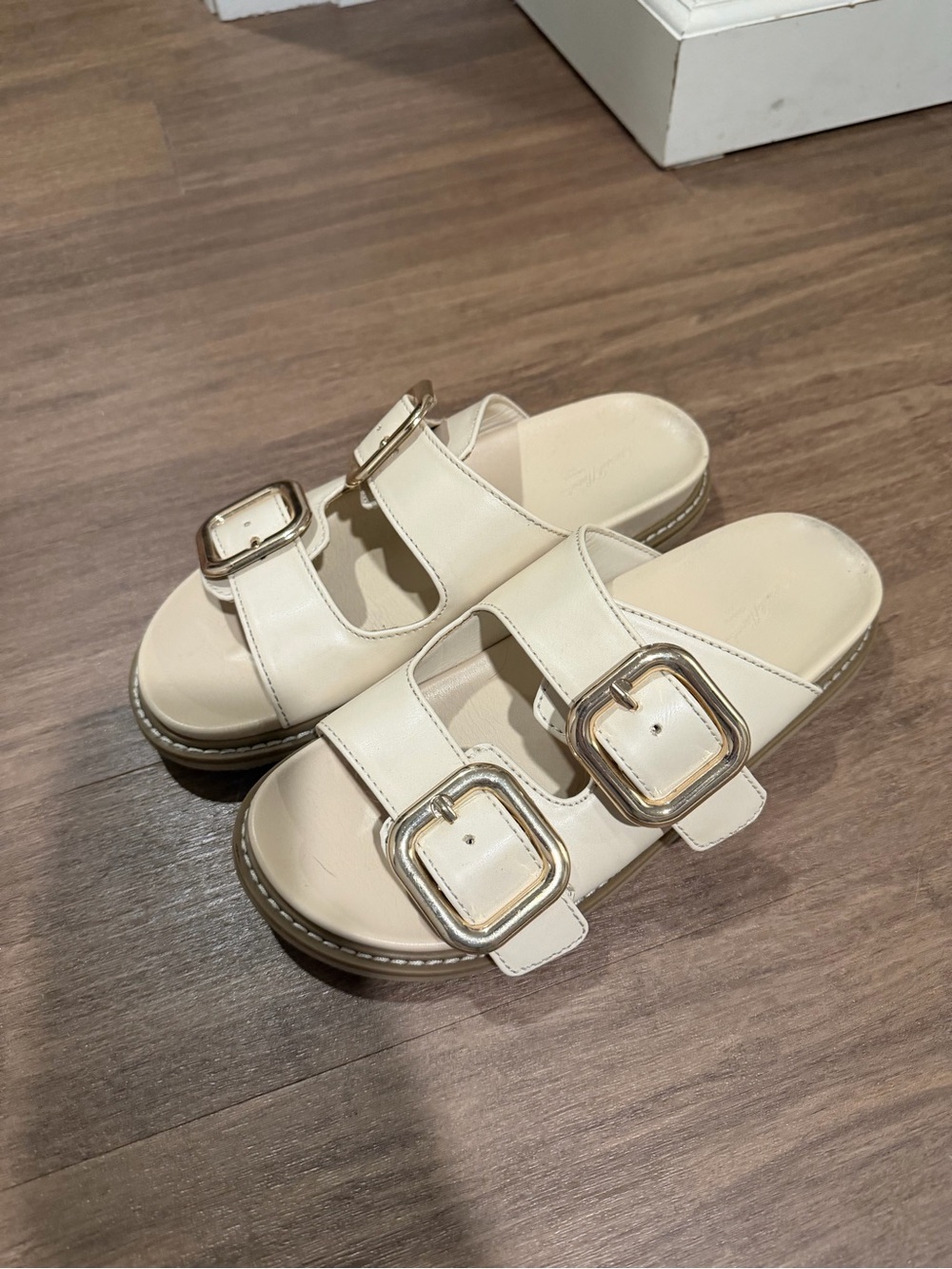 Cream Double Buckle Slide Sandals - Women